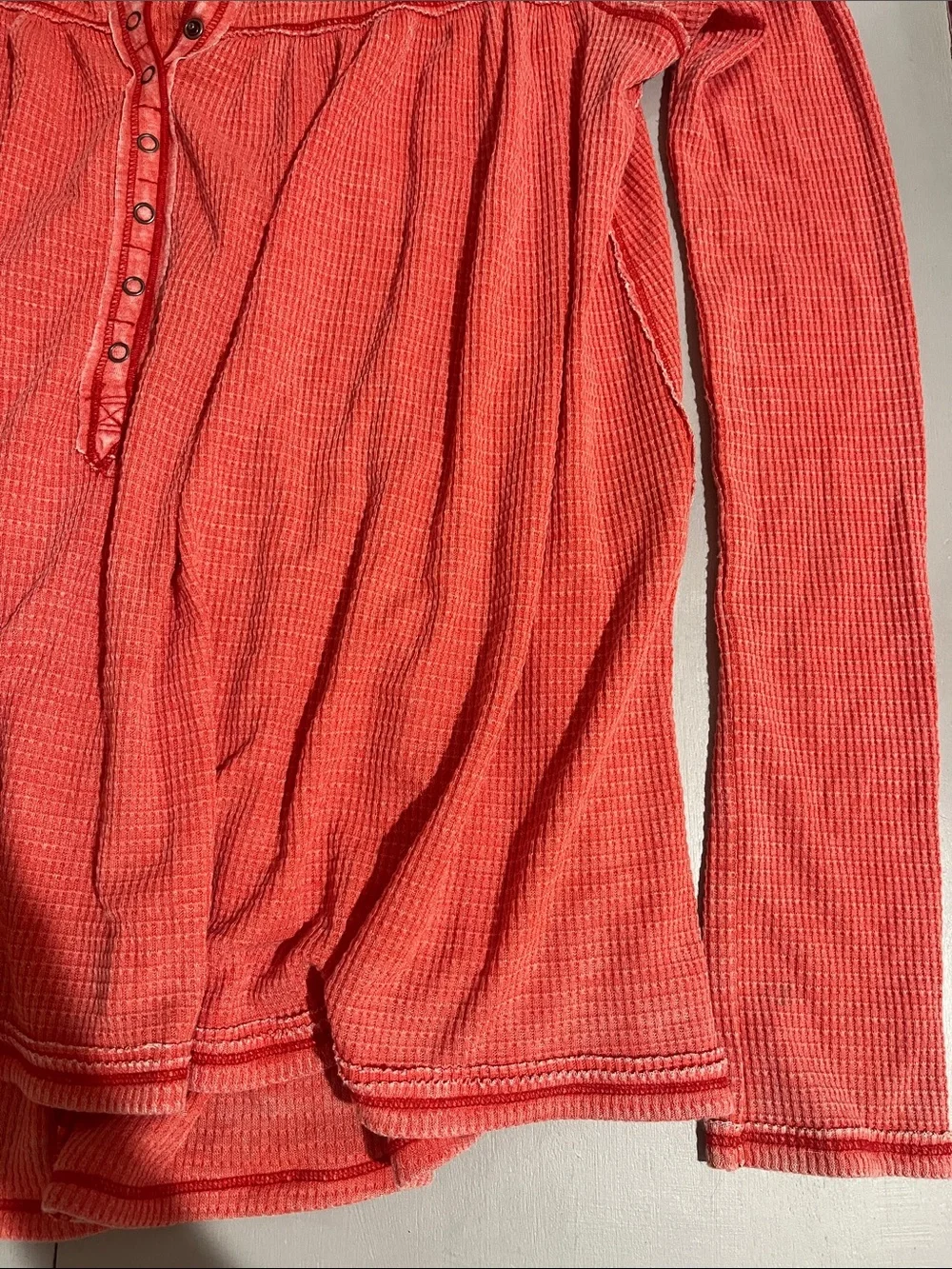 Free People Coral Waffle-Knit Long Sleeve Henley